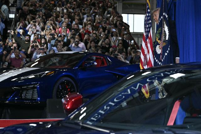 US President Donald Trump delivers remarks at General Motors’ Milford Proving Ground in Milford, Michigan, on July 27, 2026. (Photo by Brendan SMIALOWSKI / AFP)