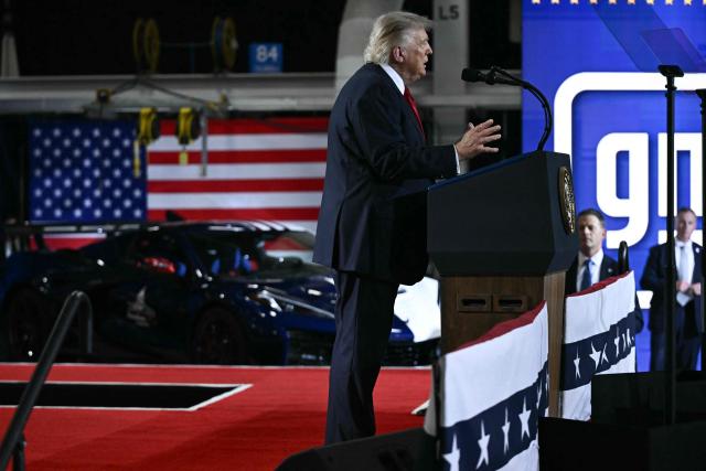 US President Donald Trump delivers remarks at General Motors’ Milford Proving Ground in Milford, Michigan, on July 27, 2026. (Photo by Brendan SMIALOWSKI / AFP)