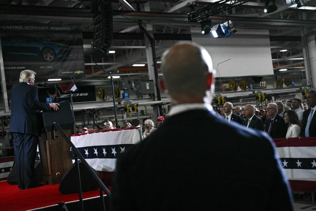 US President Donald Trump delivers remarks at General Motors’ Milford Proving Ground in Milford, Michigan, on July 27, 2026. (Photo by Brendan SMIALOWSKI / AFP)