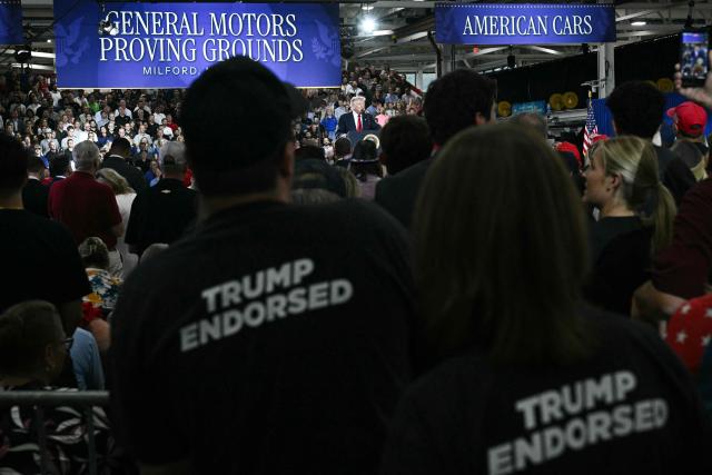 US President Donald Trump delivers remarks at General Motors’ Milford Proving Ground in Milford, Michigan, on July 27, 2026. (Photo by Brendan SMIALOWSKI / AFP)