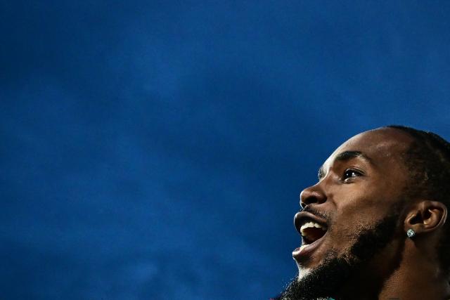 Winner Jamaica's Romaine Beckford celebrates after competing in the men's high jump final during the athletics event at the Scotstoun Stadium in Glasgow, on day four of the Commonwealth Games in Glasgow, Scotland, on July 27, 2026. (Photo by Ben STANSALL / AFP)
