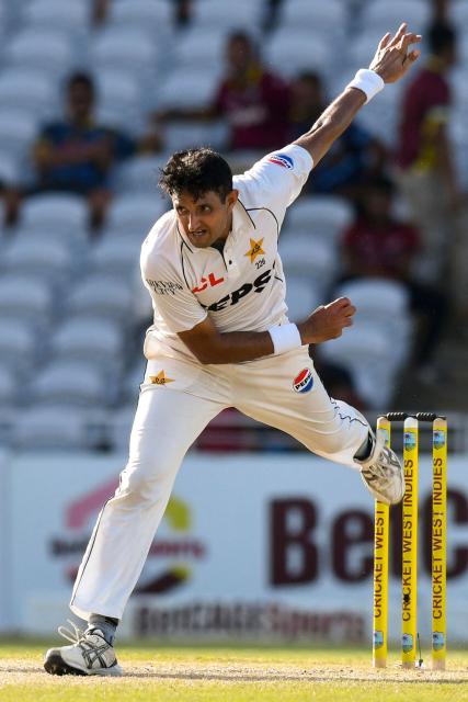 Mohammad Abbas of Pakistan bowls during the third day of the first Test cricket match between West Indies and Pakistan at the Brian Lara Cricket Academy in Tarouba, Trinidad and Tobago, on July 27, 2026. (Photo by Randy Brooks / AFP)