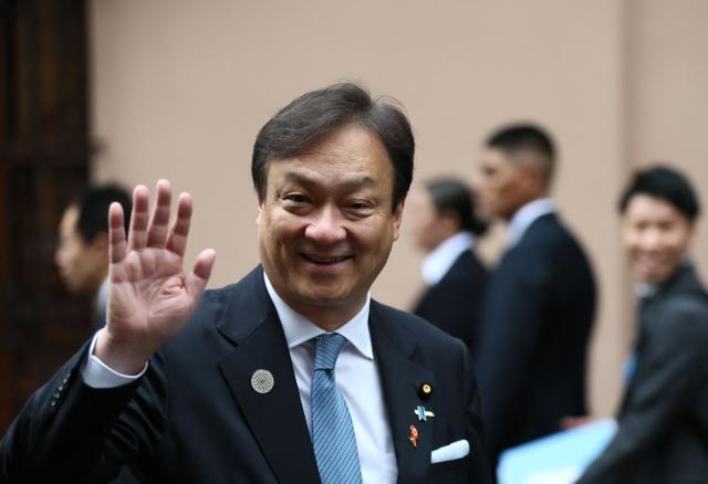 Japan's State Minister for Foreign Affairs Iwao Horii waves as he leaves the Peruvian foreign affairs ministry after a meeting with Peru's president-elect, Keiko Fujimori, on the eve of her inauguration in Lima on July 27, 2026. (Photo by Connie FRANCE / AFP)