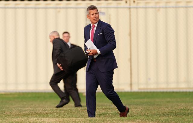 US Secretary of Transportation Sean Duffy looks on after stepping off Marine One upon landing on the Ellipse near the White House in Washington, DC, on July 27, 2026. Trump is returning  from Milford, Michigan where he visited General Motors' vehicle testing site Milford Proving Ground. (Photo by Aaron Schwartz / AFP)