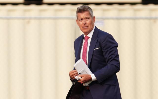 US Secretary of Transportation Sean Duffy looks on after stepping off Marine One upon landing on the Ellipse near the White House in Washington, DC, on July 27, 2026. Trump is returning  from Milford, Michigan where he visited General Motors' vehicle testing site Milford Proving Ground. (Photo by Aaron Schwartz / AFP)