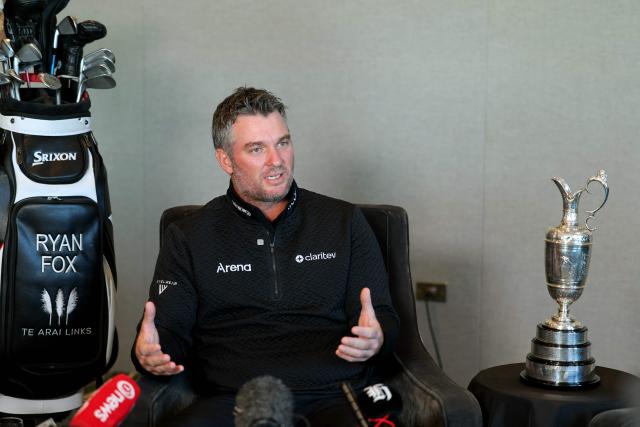 New Zealand golfer Ryan Fox speaks during a press conference with the Open Championship  Claret Jug trophy in Auckland on July 28, 2026. Fox returned to New Zealand for a public celebration at Takutai Square in Auckland after winning the (British) Open Championship at the Royal Birkdale golf course in England on July 19. (Photo by Ben STRANG / AFP)