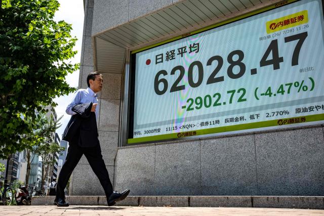 An electronic quotation board displays the Nikkei Stock Average on the Tokyo Stock Exchange in Tokyo on July 28, 2026. (Photo by Philip FONG / AFP)