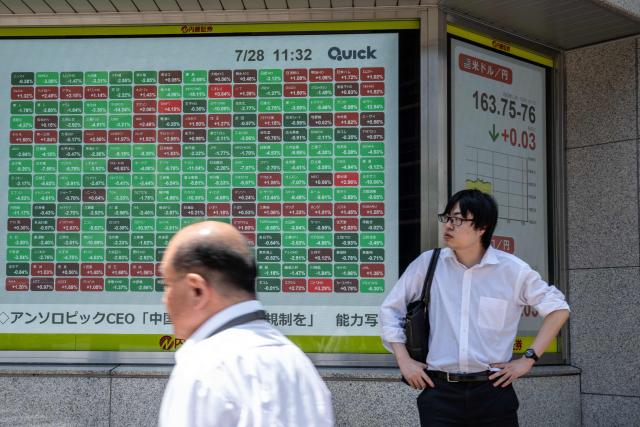 An electronic quotation board displays the Nikkei Stock Average on the Tokyo Stock Exchange in Tokyo on July 28, 2026. (Photo by Philip FONG / AFP)