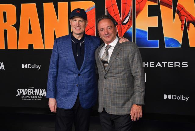 Marvel Studios' CEO Kevin Feige (L) and producer Louis D'Esposito attend the premiere of Columbia Pictures' "Spider-Man: Brand New Day" at the Dolby Theatre in Hollywood, California, on July 27, 2026. (Photo by Chris DELMAS / AFP)