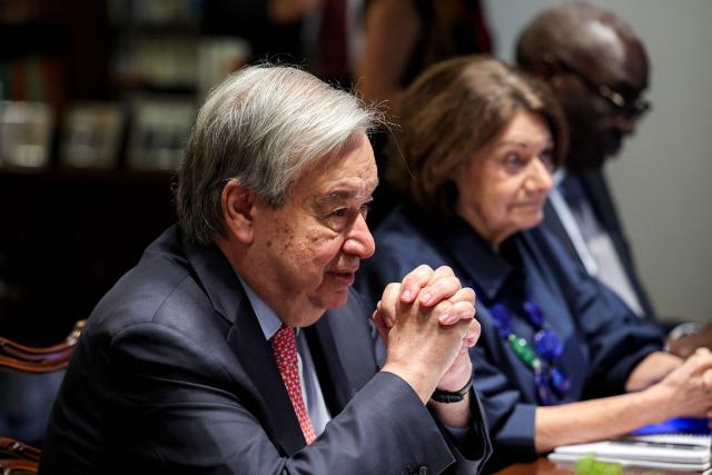 United Nations Secretary-General Antonio Guterres attends a meeting with Cyprus' President Nikos Christodoulides (not pictured) at the Presidential Palace in Nicosia on July 28, 2026. (Photo by Yiannis Kourtoglou / POOL / AFP)