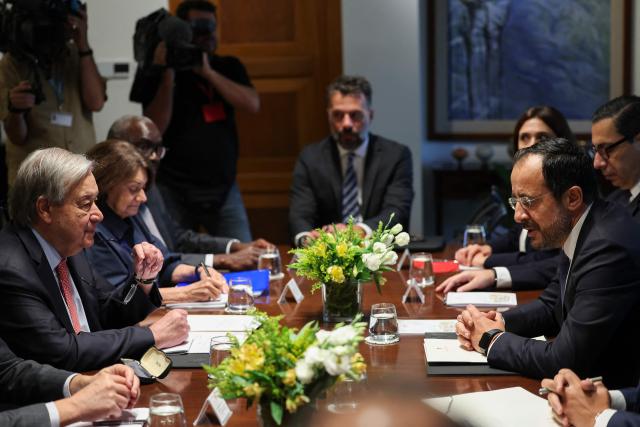United Nations Secretary-General Antonio Guterres (L) attends a meeting with Cyprus' President Nikos Christodoulides (R) at the Presidential Palace in Nicosia on July 28, 2026. (Photo by Yiannis Kourtoglou / POOL / AFP)