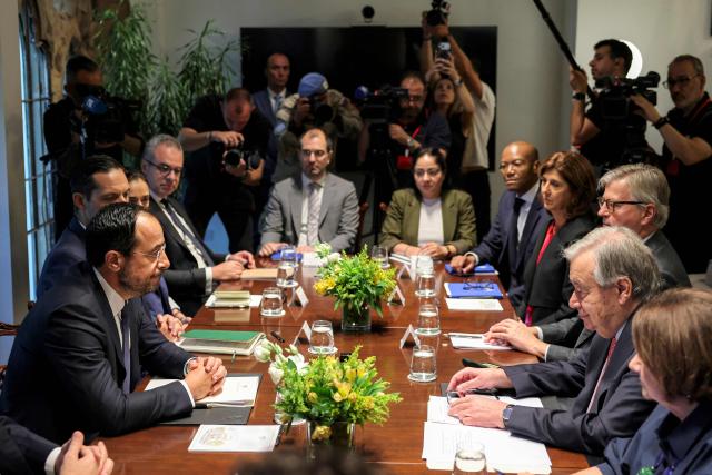 United Nations Secretary-General Antonio Guterres (R) attends a meeting with Cyprus' President Nikos Christodoulides (L) at the Presidential Palace in Nicosia on July 28, 2026. (Photo by Yiannis Kourtoglou / POOL / AFP)