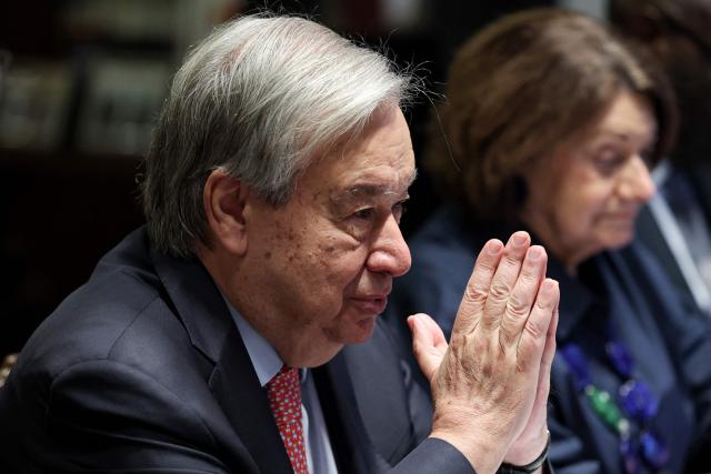 United Nations Secretary-General Antonio Guterres attends a meeting with Cyprus' President Nikos Christodoulides (not pictured) at the Presidential Palace in Nicosia on July 28, 2026. (Photo by Yiannis Kourtoglou / POOL / AFP)