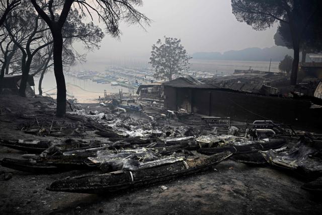 Charred pedalo boats are seen at the San Juan Reservoir after a wildfire ravaged the region in Pelayos de la Presa, 65 kilometres southwest of Madrid, in July 28, 2026. Firefighters in Spain made progress after a "positive night" against wildfires raging west of Madrid that have forced the evacuation of tens of thousands of people, Interior Minister Fernando Grande-Marlaska said today. Spain's government declared a national emergency last week over some of the worst wildfires in the country's history raging in fronts across the Madrid region, Avila province, Toledo and eastern Valencia. (Photo by Miguel RIOPA / AFP)