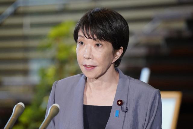 Japanese Prime Minister Sanae Takaichi speaks to the media at the Prime Minister’s Office, in Tokyo after a 7.1-magnitude earthquake hit southern Japan on July 28, 2026. (Photo by JIJI Press / AFP) / Japan OUT