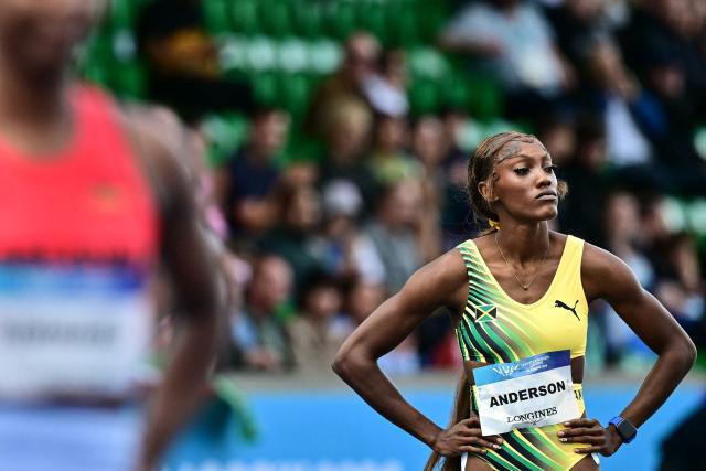 Jamaica's Shana Kaye Anderson prepares to compete in the women's 400m heat 3 during the athletics event at the Scotstoun Stadium in Glasgow, on day five of the Commonwealth Games in Glasgow, Scotland, on July 28, 2026. (Photo by Ben STANSALL / AFP)