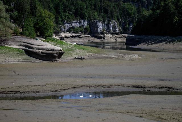 Two swans make their way in the parched bed of Brenets Lake (Lac des Brenets), part of the Doubs River, a natural border between eastern France and western Switzerland, as central Europe is in a third heatwave since June, in Les Brenets on July 28, 2026. The river has dried up due to a combination of factors, including geological fissures that drain water underground, below-average rainfall and repeated heatwaves. (Photo by Fabrice COFFRINI / AFP)