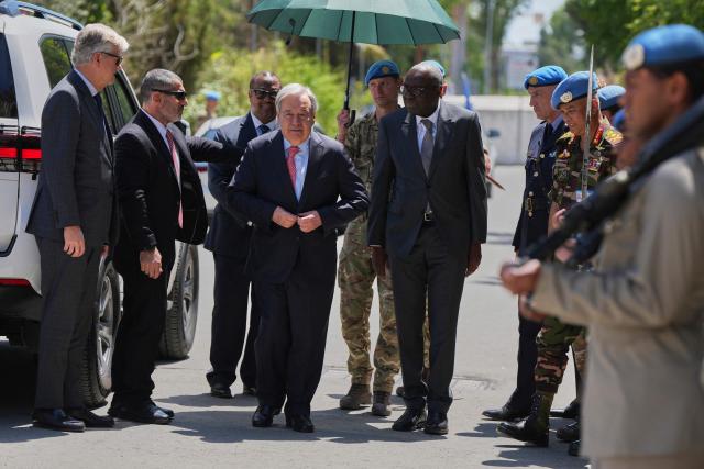 United Nations Secretary-General Antonio Guterres walks through the UN-controlled buffer zone in the divided capital of Nicosia, Cyprus, on July 28, 2026. United Nations chief Antonio Guterres said he held two "very constructive" separate meetings with rival Cypriot leaders on July 28, ahead of a trilateral meeting to weigh the prospect of fresh negotiations nine years after the peace process collapsed. (Photo by Petros Karadjias / POOL / AFP)