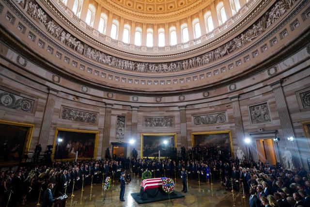 Barry C. Black (at lower L), chaplain of the US Senate, speaks during a Congressional tribute to late US Senator Lindsey Graham in the Rotunda of the US Capitol in Washington, DC, on July 28, 2026. Graham, a South Carolina Republican and key Trump ally who was elected to the Senate four times, died at age 71 on July 11. (Photo by Nathan Howard / POOL / AFP)