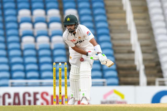 Babar Azam of Pakistan bats during the fourth day of the first Test cricket match between West Indies and Pakistan at the Brian Lara Cricket Academy in Tarouba, Trinidad and Tobago, on July 28, 2026. (Photo by Randy Brooks / AFP)