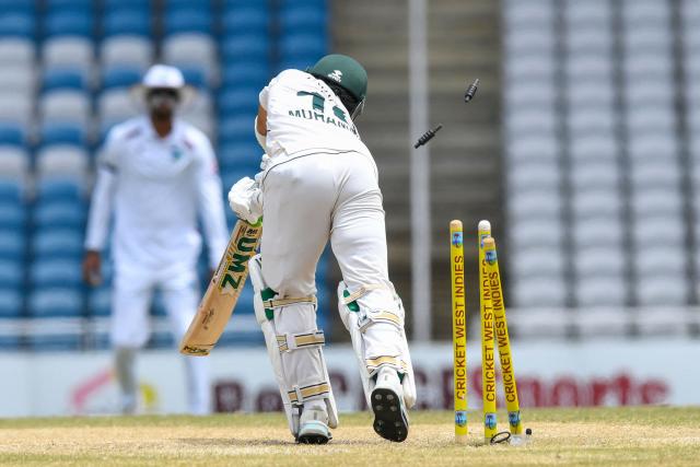Mohammad Rizwan of Pakistan is clean bowled by Justin Greaves of West Indies during the fourth day of the first Test cricket match between West Indies and Pakistan at the Brian Lara Cricket Academy in Tarouba, Trinidad and Tobago, on July 28, 2026. (Photo by Randy Brooks / AFP)