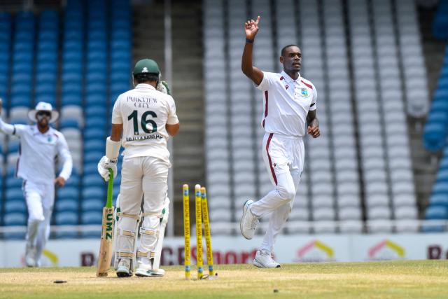 Justin Greaves (R) of West Indies celebrates the dismissal of Mohammad Rizwan (L) of Pakistan during the fourth day of the first Test cricket match between West Indies and Pakistan at the Brian Lara Cricket Academy in Tarouba, Trinidad and Tobago, on July 28, 2026. (Photo by Randy Brooks / AFP)