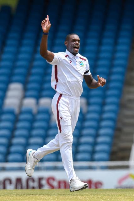 Justin Greaves of West Indies celebrates the dismissal of Mohammad Rizwan of Pakistan during the fourth day of the first Test cricket match between West Indies and Pakistan at the Brian Lara Cricket Academy in Tarouba, Trinidad and Tobago, on July 28, 2026. (Photo by Randy Brooks / AFP)