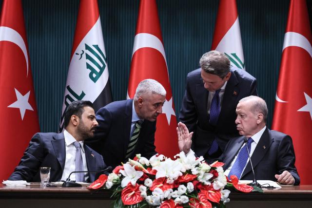 Turkish President Recep Tayyip Erdogan (R) and Iraqi Prime Minister Ali al-Zaydi (L) address a joint press conference following their meeting at the Presidential Complex in Ankara, on July 28, 2026. (Photo by Adem ALTAN / AFP)