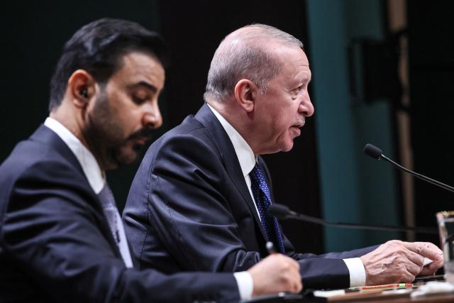 Turkish President Recep Tayyip Erdogan (R) and Iraqi Prime Minister Ali al-Zaydi (L) address a joint press conference following their meeting at the Presidential Complex in Ankara, on July 28, 2026. (Photo by Adem ALTAN / AFP)