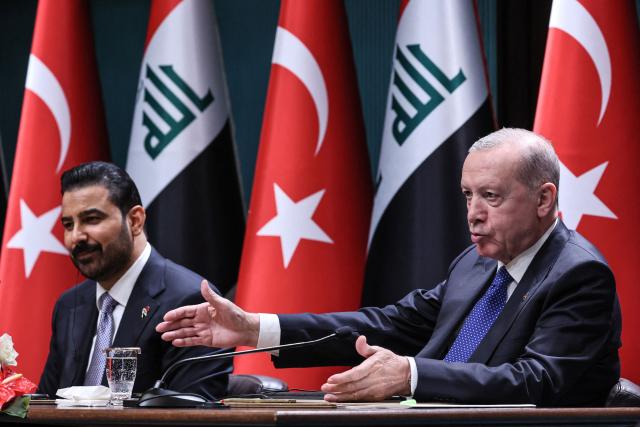 Turkish President Recep Tayyip Erdogan (R) and Iraqi Prime Minister Ali al-Zaydi (L) address a joint press conference after their meeting at the Presidential Complex in Ankara, on July 28, 2026. (Photo by Adem ALTAN / AFP)
