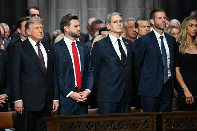 (L/R) US President Donald Trump, Vice President JD Vance, Secretary of Treasury Scott Bessent, Eric Trump, and Lara Trump attend the funeral service for US Senator Lindsey Graham at the Washington National Cathedral in Washington, DC, on July 28, 2026. Graham, a South Carolina Republican and key Trump ally who was elected to the Senate four times, died at age 71 on July 11. (Photo by Alex WROBLEWSKI / AFP)