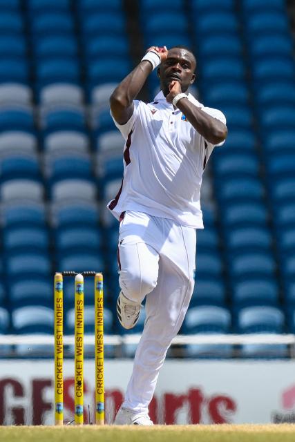 Jayden Seales of West Indies bowls during the fourth day of the first Test cricket match between West Indies and Pakistan at the Brian Lara Cricket Academy in Tarouba, Trinidad and Tobago, on July 28, 2026. (Photo by Randy Brooks / AFP)