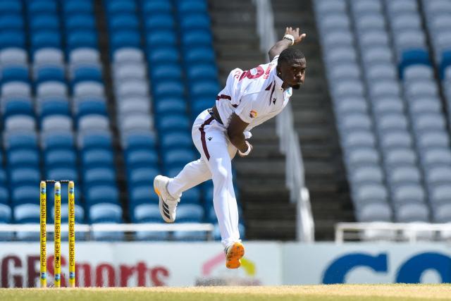 Jayden Seales of West Indies bowls during the fourth day of the first Test cricket match between West Indies and Pakistan at the Brian Lara Cricket Academy in Tarouba, Trinidad and Tobago, on July 28, 2026. (Photo by Randy Brooks / AFP)