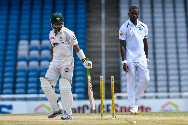 Khurram Shahzad of Pakistan is bowled by Jayden Seales of West Indies during the fourth day of the first Test cricket match between West Indies and Pakistan at the Brian Lara Cricket Academy in Tarouba, Trinidad and Tobago, on July 28, 2026. (Photo by Randy Brooks / AFP)