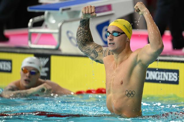 Australia's Flynn Southam reacts after winning the Men's 100m Freestyle Final at the swimming event at the Tollcross International Swimming Centre in Glasgow, on day five of the Commonwealth Games in Glasgow, Scotland, on July 28, 2026. (Photo by Oli SCARFF / AFP)