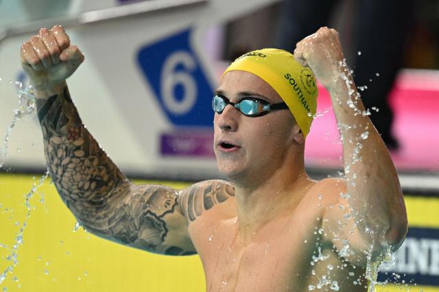 Australia's Flynn Southam reacts after winning the Men's 100m Freestyle Final at the swimming event at the Tollcross International Swimming Centre in Glasgow, on day five of the Commonwealth Games in Glasgow, Scotland, on July 28, 2026. (Photo by Oli SCARFF / AFP)