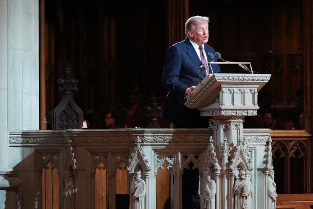 US President Donald Trump speaks during the funeral service for US Senator Lindsey Graham at the Washington National Cathedral in Washington, DC, on July 28, 2026. Graham, a South Carolina Republican and key Trump ally who was elected to the Senate four times, died at age 71 on July 11. (Photo by Alex Brandon / POOL / AFP)
