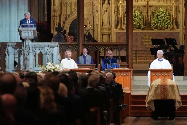 US President Donald Trump speaks during the funeral service for US Senator Lindsey Graham at the Washington National Cathedral in Washington, DC, on July 28, 2026. Graham, a South Carolina Republican and key Trump ally who was elected to the Senate four times, died at age 71 on July 11. (Photo by Alex Brandon / POOL / AFP)