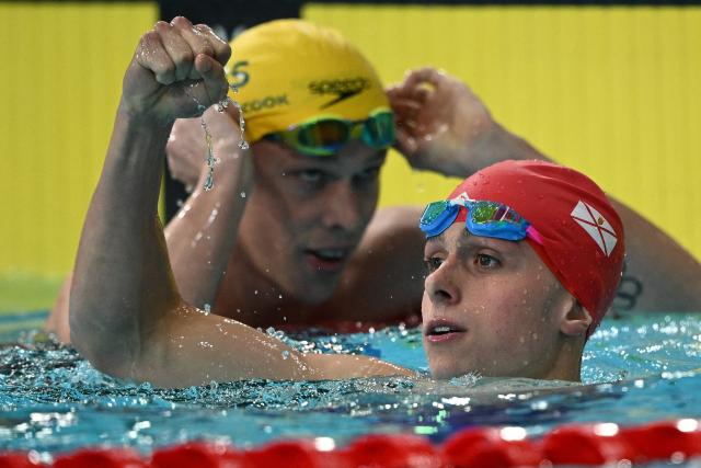 Jersey's Filip Nowacki reacts after winning the Men's 200m Breaststroke Final at the swimming event at the Tollcross International Swimming Centre in Glasgow, on day five of the Commonwealth Games in Glasgow, Scotland, on July 28, 2026. (Photo by Oli SCARFF / AFP)