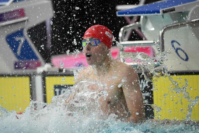 Jersey's Filip Nowacki reacts after winning the Men's 200m Breaststroke Final at the swimming event at the Tollcross International Swimming Centre in Glasgow, on day five of the Commonwealth Games in Glasgow, Scotland, on July 28, 2026. (Photo by Oli SCARFF / AFP)