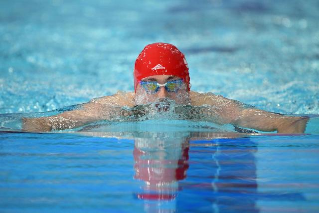 Jersey's Filip Nowacki swims to win the Men's 200m Breaststroke Final at the swimming event at the Tollcross International Swimming Centre in Glasgow, on day five of the Commonwealth Games in Glasgow, Scotland, on July 28, 2026. (Photo by Oli SCARFF / AFP)