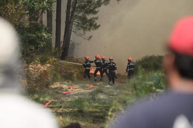Firefighters tackle a wildfire near Lanton, east of the Arcachon Bay, west of Bordeaux on July 29, 2026, during wildfires in the Gironde region, southwestern France. The Gironde and neighbouring Landes departments are under an orange-level warning from midday on July 29, with inland temperatures of 41C forecast and 38C on the coast. (Photo by Ed JONES / AFP)
