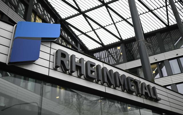 (FILES) The logo of German automotive and arms manufacturer Rheinmetall is pictured prior to a virtual press conference to present their 2025 annual results at the company's headquarters in Duesseldorf, western Germany, on March 11, 2026. German armsmaker Rheinmetall on July 29, 2026 reported record second-quarter core profit and beat expectations, sending shares in the firm up almost 9 percent. (Photo by INA FASSBENDER / AFP)