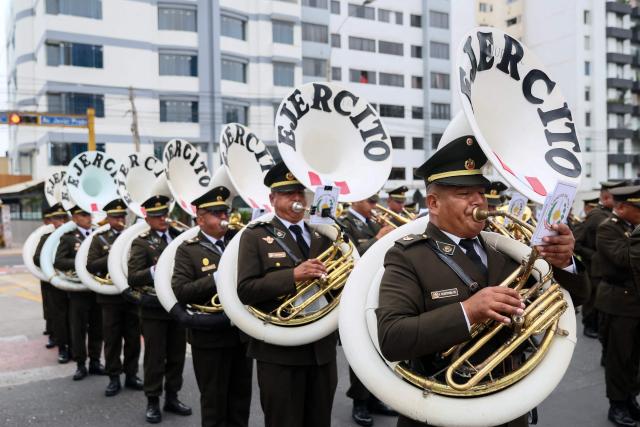 Members of the music band of the Armey prepare to take part in a military parade to celebrate Peru's National Holidays, in Lima on July 29, 2026. Peru's conservative President Keiko Fujimori, who took office on July 28, 2026, will attend the event. (Photo by Connie FRANCE / AFP)