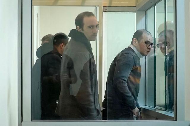 (FILES) This grab taken from footage released by AFP video shows French national Martin Ryan (C) during a court hearing as part of his trial on spy charges in Baku on January 6, 2025. Azerbaijani justice on appeal upheld the conviction of Martin Ryan, to ten years in prison for "espionage," a case born amid tensions between Paris and Baku, the appeals court told AFP on July 29, 2026. (Photo by AFPTV STRINGER / AFP)