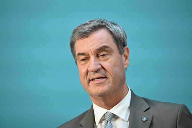Bavaria's State Premier and leader of the conservative Christian Social Union (CSU) Markus Soeder speaks during a join press statement after the conservative CDU/CSU parliamentary group elected  their new leader, on July 29, 2026 at the Jakob-Kaiser-Haus, that is part of the parliamentary compound in Berlin. (Photo by RALF HIRSCHBERGER / AFP)