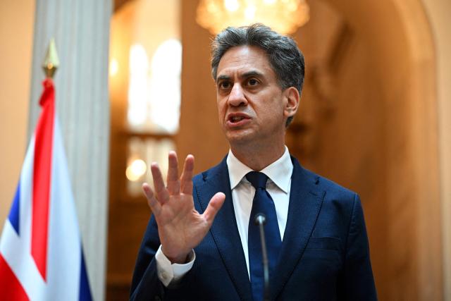 British Foreign Secretary Ed Miliband speaks as he meets his Spanish counterpart at the Palacio de Viana in Madrid on July 29, 2026.  (Photo by Leon Neal / POOL / AFP)
