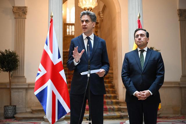 British Foreign Secretary Ed Miliband (L) speaks as he meets Spanish Foreign Minister Jose Manuel Albares at the Palacio de Viana in Madrid on July 29, 2026.  (Photo by Leon Neal / POOL / AFP)