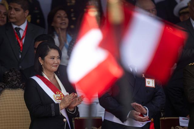 Peru's President Keiko Fujimori attends a military parade to celebrate Peru's National Holidays, in Lima on July 29, 2026. (Photo by ERNESTO BENAVIDES / AFP)