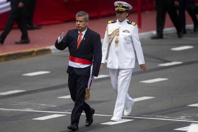 Peru's Prime Minister Luis Galarreta attends a military parade to celebrate Peru's National Holidays, in Lima on July 29, 2026. (Photo by ERNESTO BENAVIDES / AFP)
